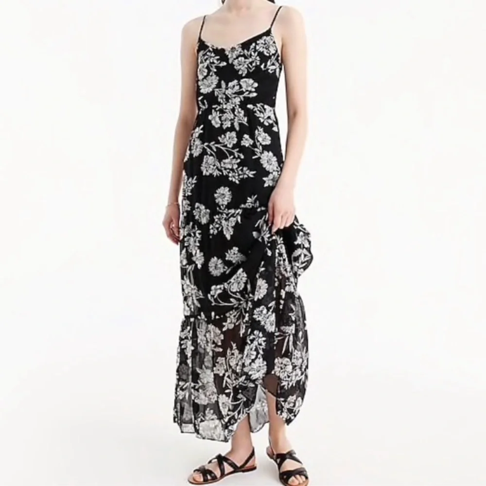 J Crew Black Sheer Floral Maxi Dress Tiered Spaghetti Strap Size 2